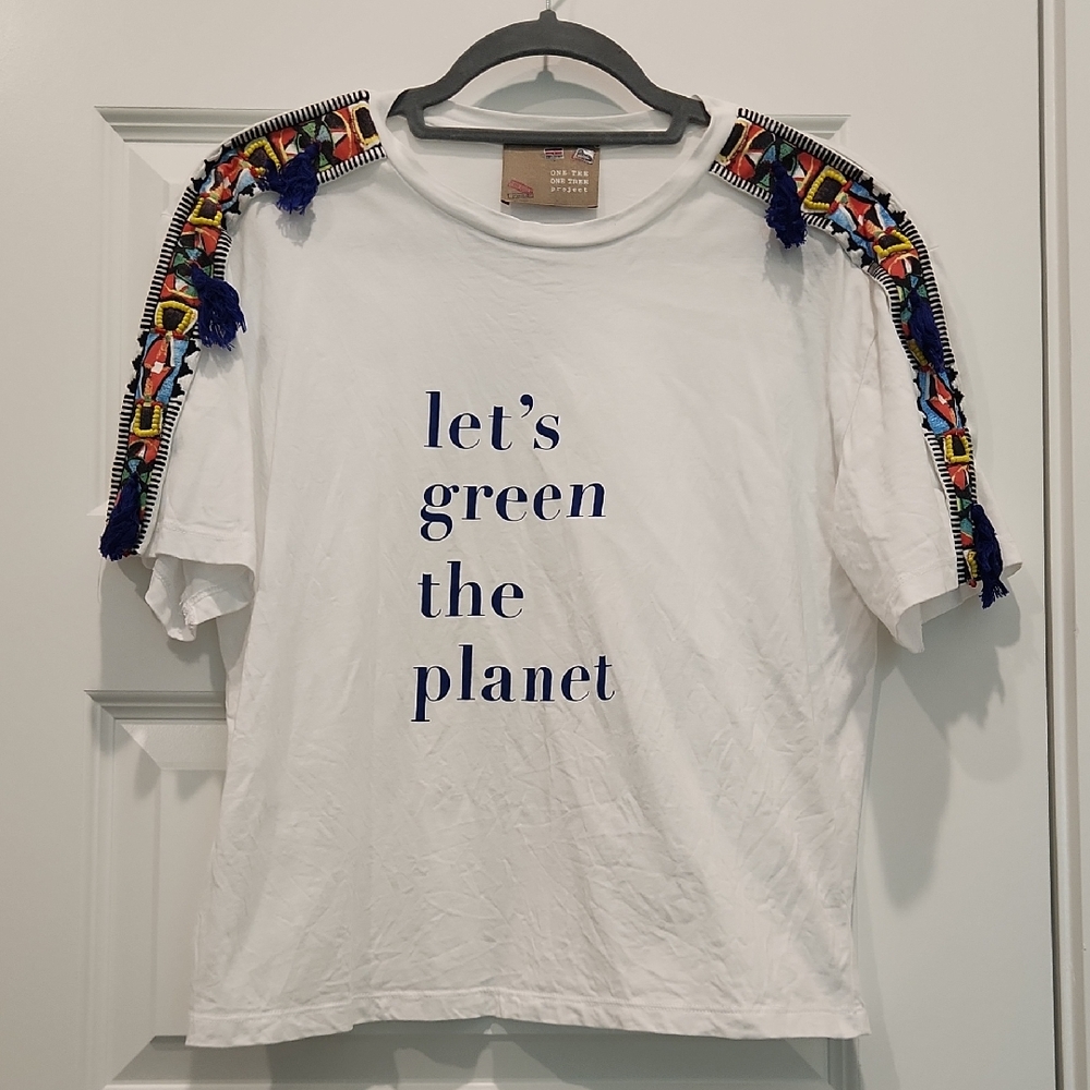 White T-Shirt with Blue Text and Colorful Tassels